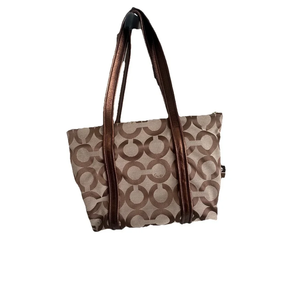 COACH 13826 Poppy Op Art Glam Brown Canvas Logo Bronze Shoulder Tote Bag Handbag